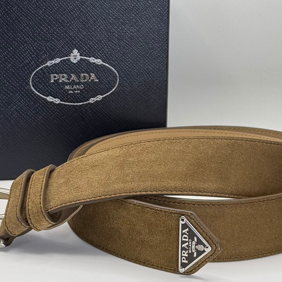 Prada Women's Brown Suede Leather Belt Size 90 36" M-L NEW IN BOX Triangle Logo - Picture 5 of 5